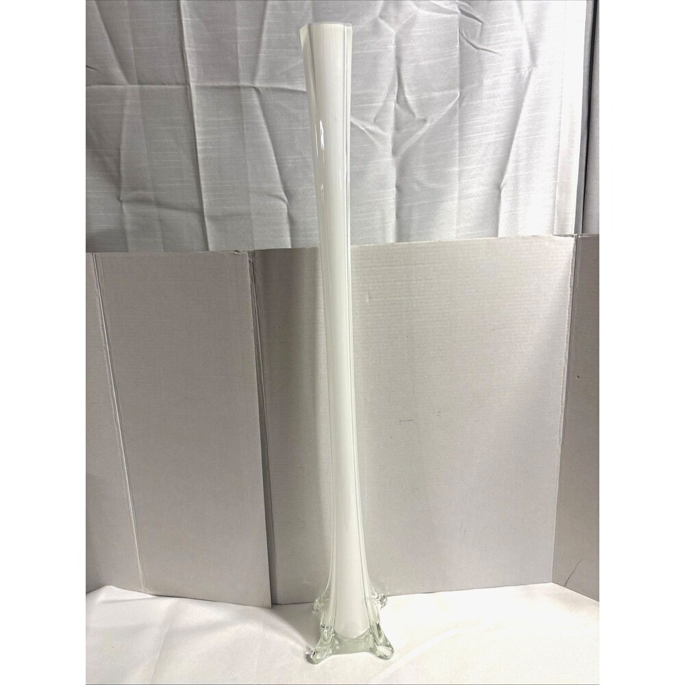 White Glass Eiffel Tower Swung Vase Clear Footed Base 24" Tall